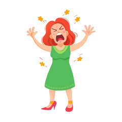 Angry Stressed Woman Character Screaming and Yelling with Hands Up Vector Illustration