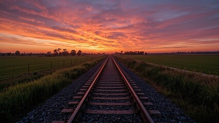 Fototapeta premium An isolated train track stretching towards a radiant sunset, surrounded by flourishing fields glowing in the evening light.