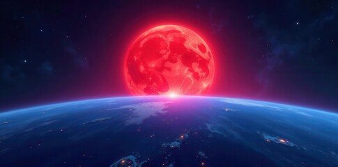 Crimson sun crests over vibrant blue planet's horizon , graphic, nebula, digital