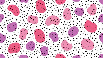 Seamless pattern with vibrant pink and purple blobs accented by black polka dots on a white base. Great for textile and paper printing.