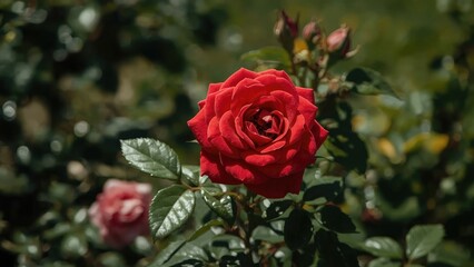 Fototapeta premium Vibrant scarlet flower blossoming on a leafy shrub under bright sunlight, with a gentle blur and smooth focus in a wide layout.