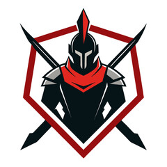 Fierce Warrior Mascot in Ancient Armor with Swords and Geometric Crest for Balanced Emblem