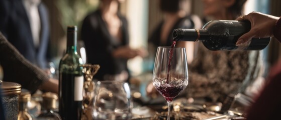 The exquisite pouring of red wine into a glass at a social gathering.