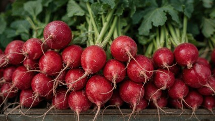 Detailed photo highlighting freshly harvested red radishes with lush green stems, set against a blurred rustic backdrop.