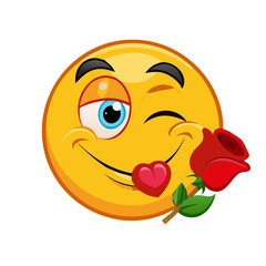 Winking Romantic Emoji with a Red Rose and Small Heart for Valentine's Day