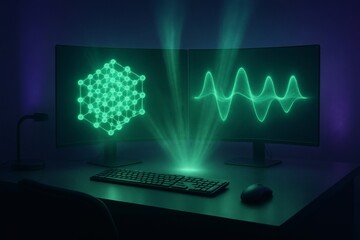 Green Holographic Qubit Grid and Probability Wave Above Dual Monitors in Dark Futuristic Office