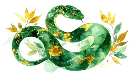 Chinese Zodiac Snake Watercolor in Green and Gold