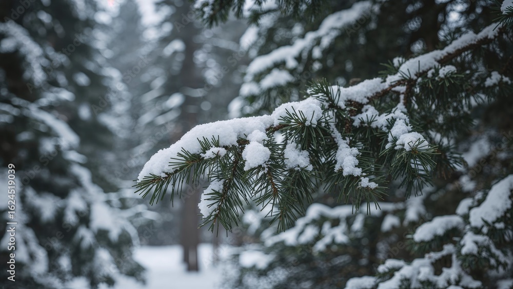 Aufkleber serene winter nature featuring a pine branch covered in soft snow with a hazy forest background.