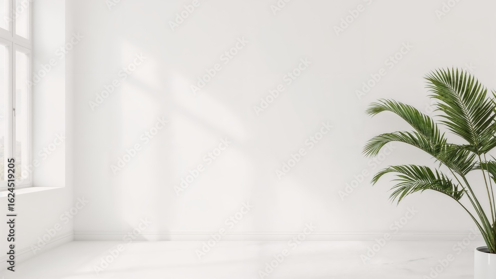 Poster neutral room setting with soft shadows of foliage and window panes, perfect for product display