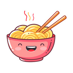 Happy Kawaii Cartoon Noodle Bowl Mascot with Chopsticks and Steam