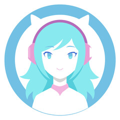 Anime-Inspired Gamer Girl with Cat Ears in Pastel Circular Frame for Streaming Identity