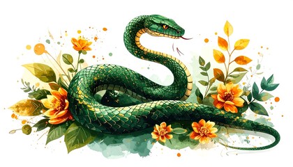 Chinese Zodiac Snake Watercolor in Green and Gold