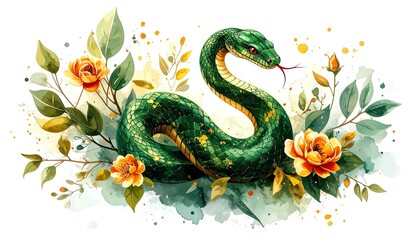 Chinese Zodiac Snake Watercolor in Green and Gold