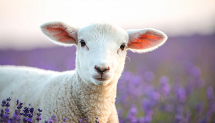 Fototapeta premium Baby lamb with white wool close up portrait in lavender field with soft natural light and pastel background, evoking calm and gentle mood in nature
