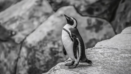 An isolated penguin stares at the sky atop rocky terrain.