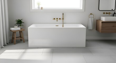 A clean centered rectangular bathtub with matte white surface and brass fixtures, centered in bathroom