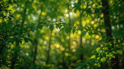 Fototapeta premium Softly blurred leaves producing a vibrant green bokeh effect