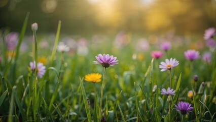 Selective focus on a flowering purple plant in a misty meadow