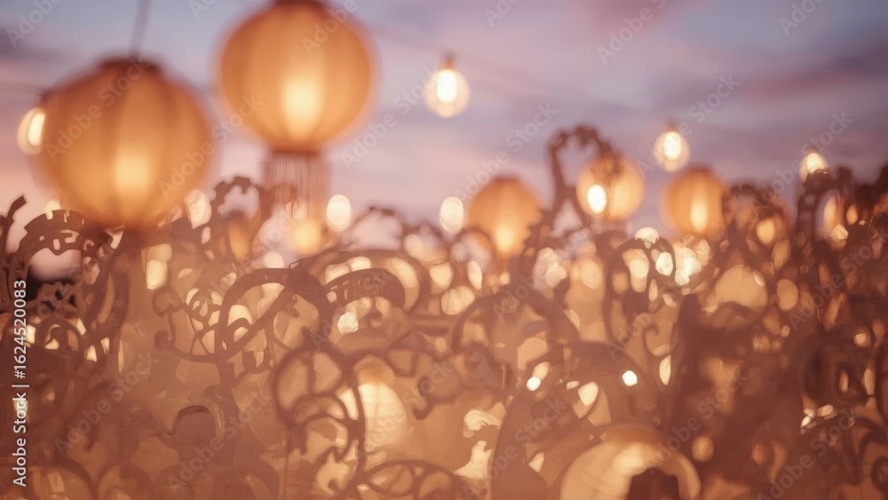 Wall mural artistic background of glowing paper lanterns floating in the sky