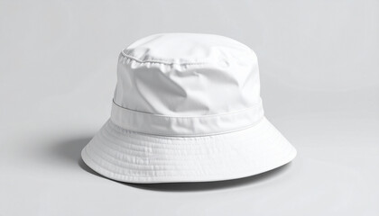 Fototapeta premium A pristine white bucket hat, subtly textured, sits on a plain light gray background.