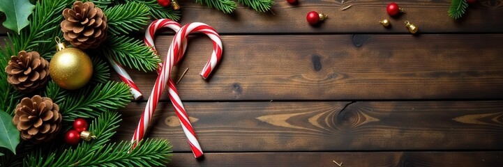 Rustic wood, pine, holly, cones, candy canes, golden baubles Xmas flatlay , wallpaper, winter wallpaper