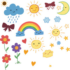 Colorful Hand- Drawn Illustrations of Weather Elements Children's Icons and Flowers hand-drawn