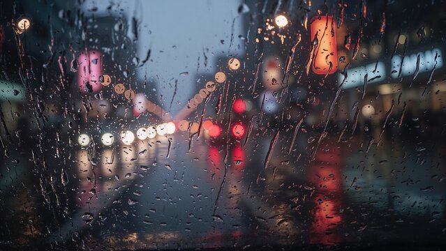 Nighttime scene with blurry illuminated spots and raindrops on glass. - Powered by Adobe