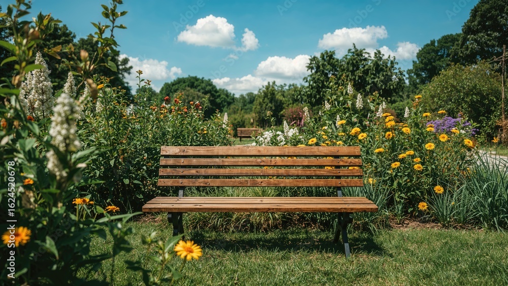 Poster blurred image of a bench in a garden setting