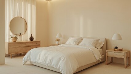 Minimalist bedroom space with a serene and softly blurred background