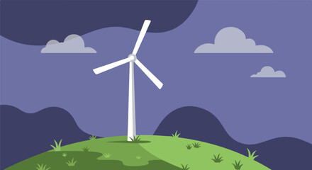 Wind turbine spins atop green hill, generating energy with cloudy sky backdrop