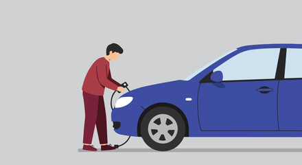 Flat design person charging electric car in gray background for green energy concept