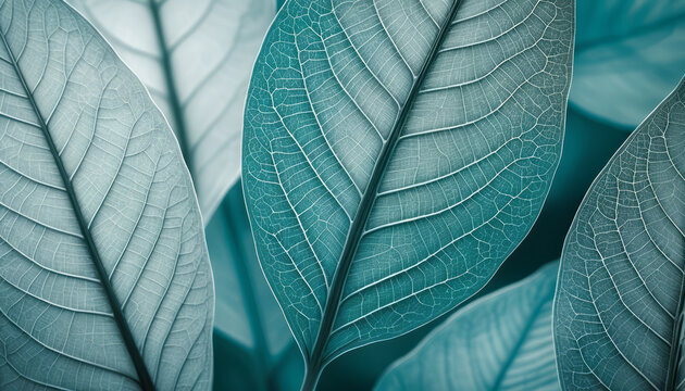 Close up of blue leaves showing detailed vein structure and natural texture with soft lighting and calm mood