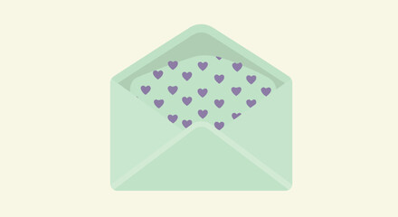 Open envelope fills with heart shapes against a neutral background; love letter