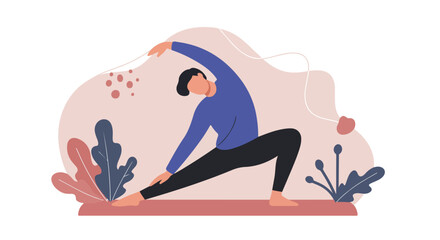 Girl stretching in yoga pose indoors, pink background, art illustration use