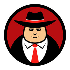 Cartoon Mobster with Oversized Hat and Red Tie in Dollar-Themed Rounded Vector Badge