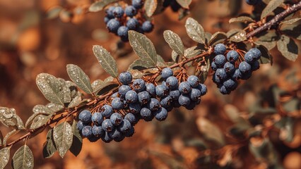 Mature blue honeysuckle berries hanging on leafy branches