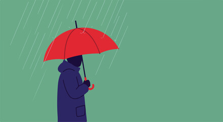 Person with red umbrella in rain, flat design for weather forecasts or personal blogs