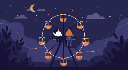 Couple sits on Ferris Wheel at night, moon, stars & plants background. Vector use