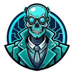 Skeleton Doctor Mascot with Teal Goggles and Tech Arms in Circuit-Style Emblem Design