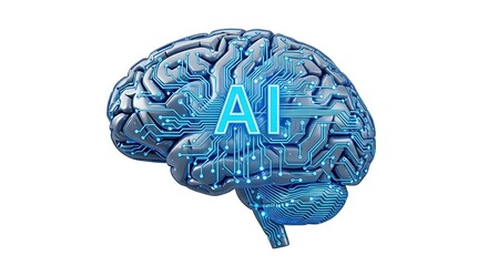 A digital brain with ai text overlay and circuit pattern on a white background in a studio shot