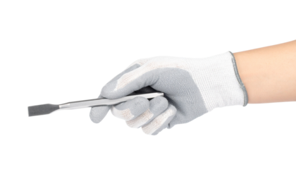 A gloved hand holds a sliver-shaped, light gray tool isolated on solid white background Png