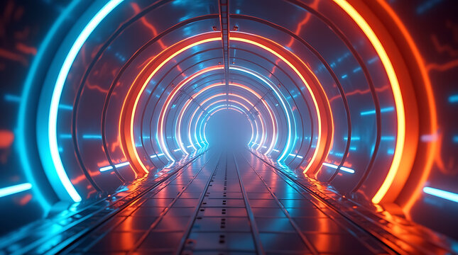 3d render, neon futuristic hallway, glowing circular tunnel, glowing light rings, iridescent color palette, dramatic lighting, volumetric fog, cinematic, epic, highly detailed, photorealistic