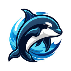 Modern Killer Whale Icon in Aggressive Pose with Abstract Waves for Competitive Branding