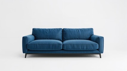 Cozy blue couch made of fabric against a plain white backdrop, seen from the front.