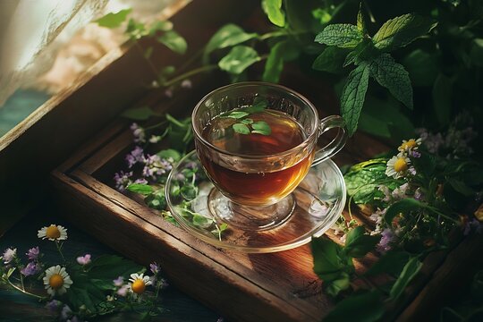 Aromatic herbal tea in a clear glass cup, placed on a rustic wooden tray surrounded by fresh herbs and flowers 