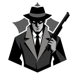 Gangster Figure with Shotgun and Fedora in Noir-Style Grayscale Vector Emblem