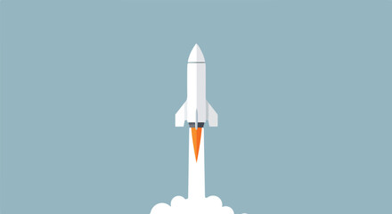 Flat design rocket launching with smoke trail on light blue background, for new ventures
