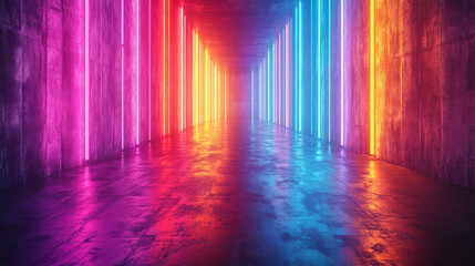Neon tunnel, vibrant colors, urban