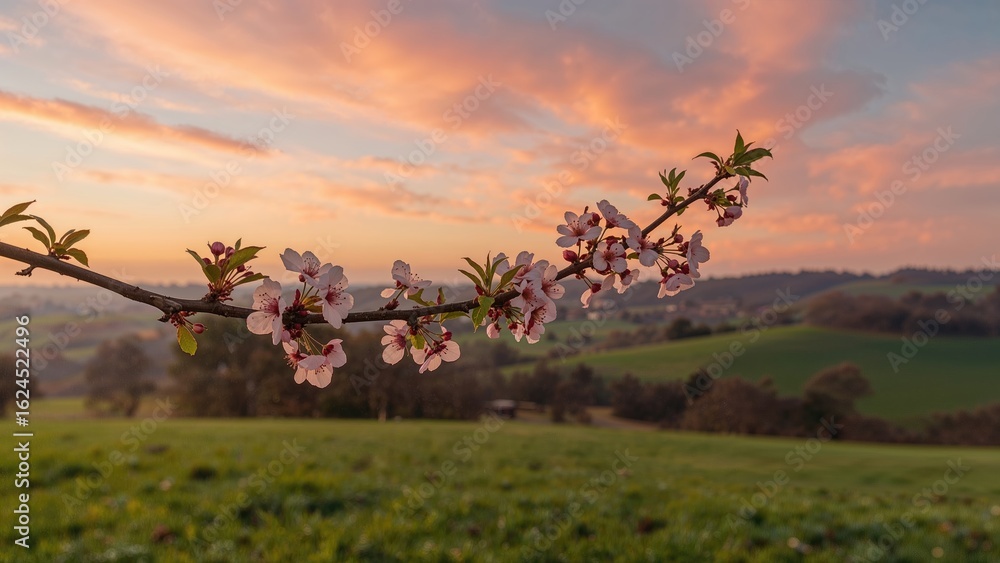 Poster sunset illuminating a flowering tree branch in a rural spring environment
