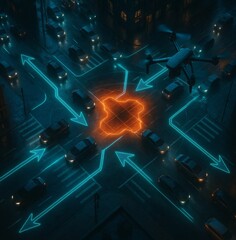 Rainy Night City Intersection with Drone and Neon AR Traffic Arrows in Cyberpunk Style